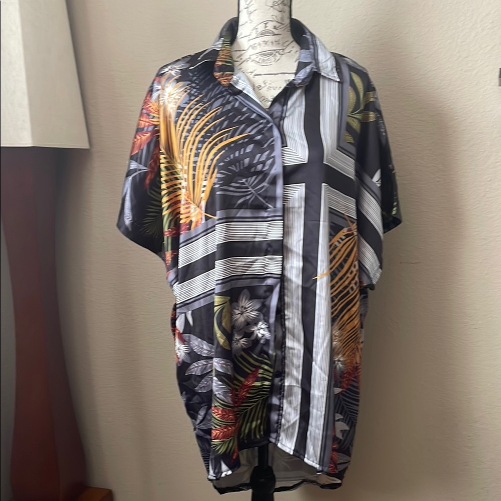 Free People Black Tropical Print Short-Sleeve Button-Down Shirt